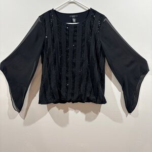 Women’s Black Sequin Blouse Holiday Party Top Sheer Bell Sleeve Size M